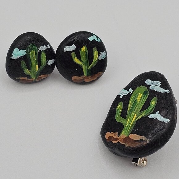 Artisan Folk Art Handpainted Stone Rock Earring Brooch Set Jewelry Black Cactus - Picture 12 of 16